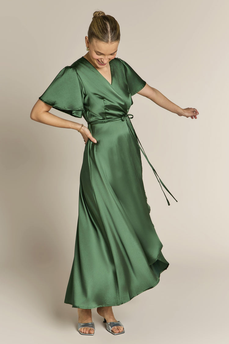 Florence Waterfall Dress in Olive Green Satin