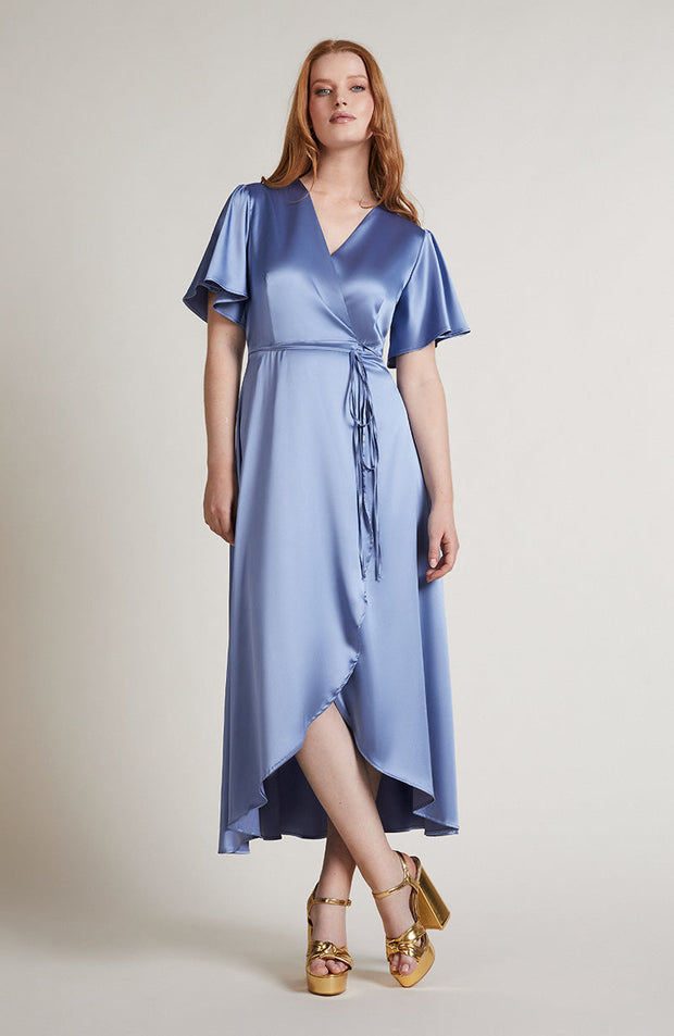 Florence Waterfall Dress In Sky Blue Satin SAMPLE SALE