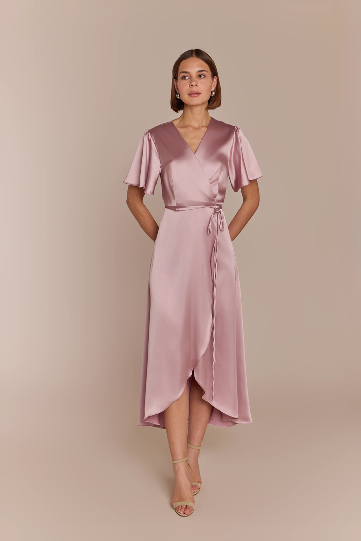 Florence Wrap Bridesmaids Dress In Rose Pink Satin | Rewritten Rewritten Florence Wrap Bridesmaids Dress In Rose Pink Satin | Rewritten Rewritten