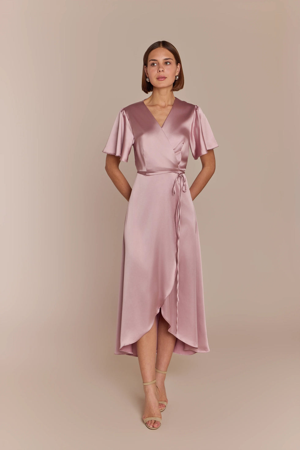 Florence Wrap Bridesmaids Dress In Rose Pink Satin | Rewritten  Rewritten