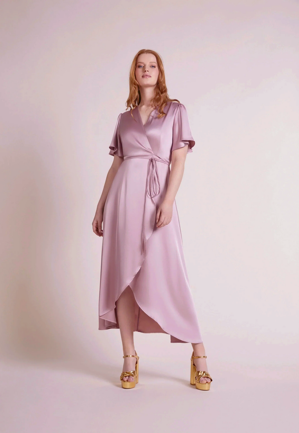 Florence Wrap Bridesmaids Dress In Rose Pink Satin