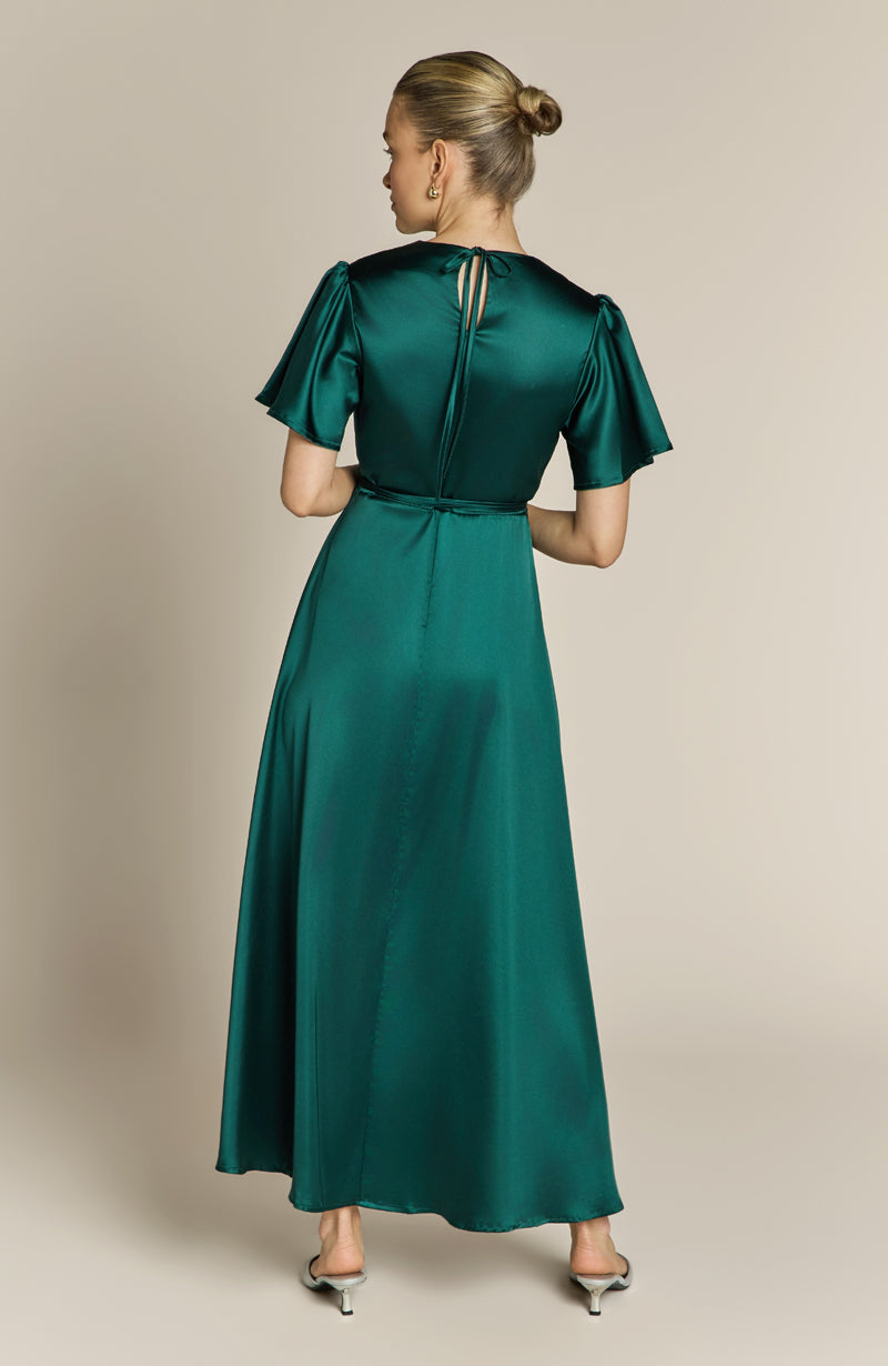 Florence Waterfall Dress in Forest Green Satin