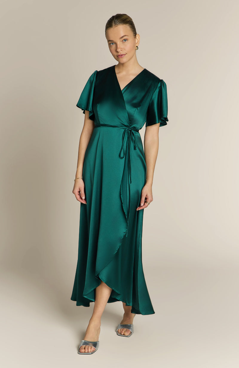 Florence Waterfall Dress in Forest Green Satin