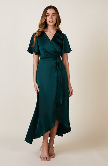 Florence Waterfall Dress in Forest Green Satin