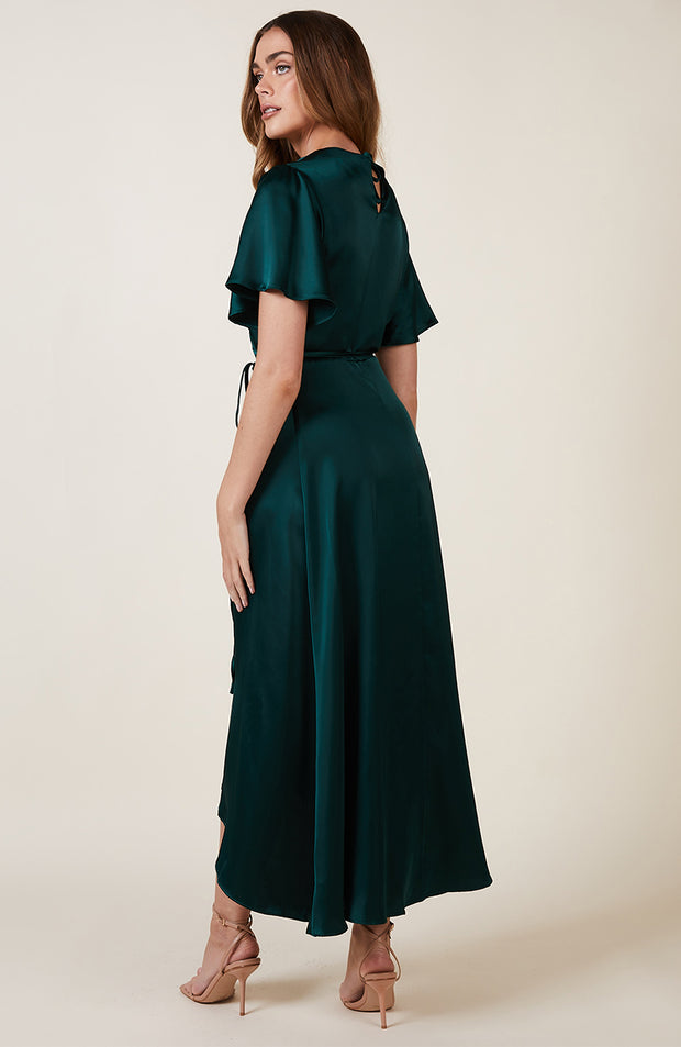 Florence Waterfall Dress in Forest Green Satin