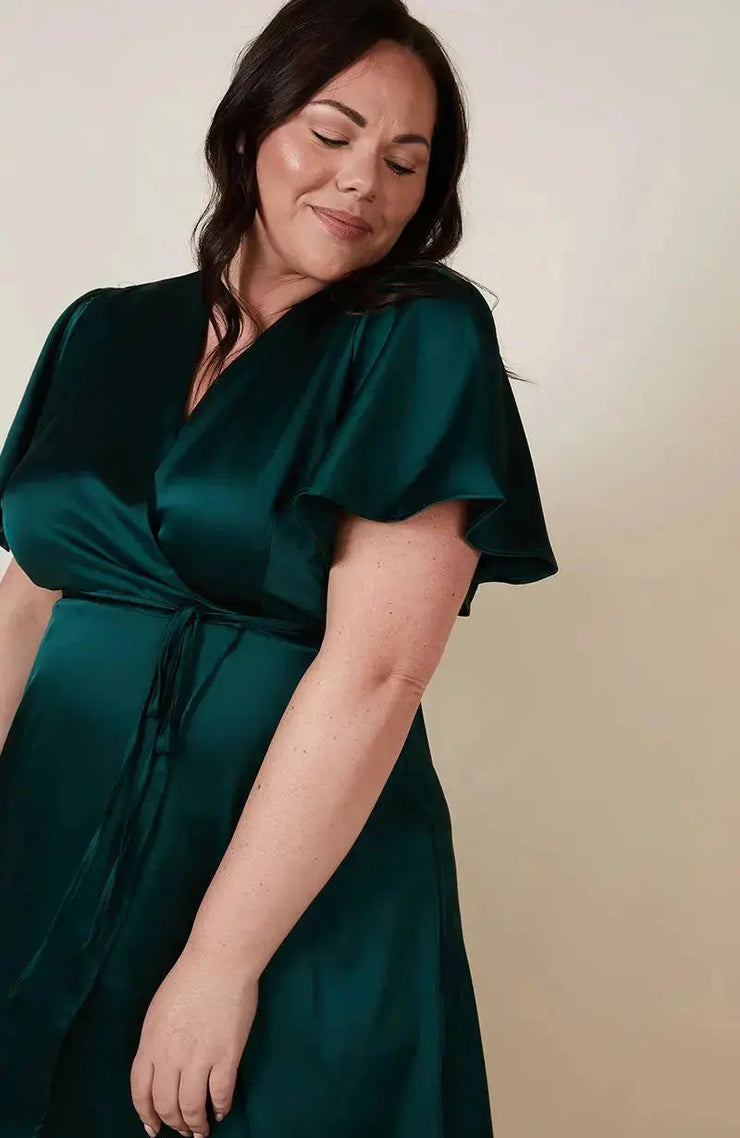 Florence Waterfall Bridesmaids Dress in Forest Green Satin - Rewritten London Florence Waterfall Bridesmaids Dress in Forest Green Satin - Rewritten London