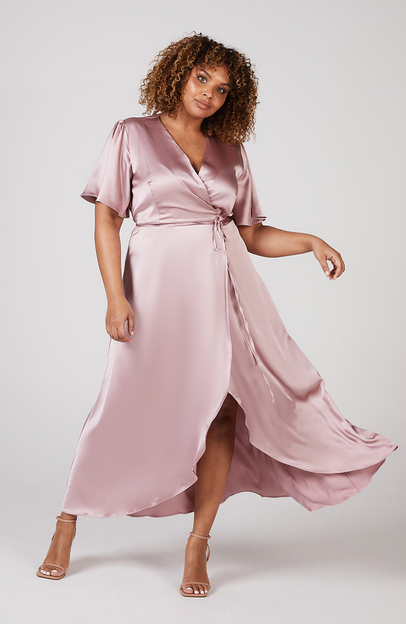 Florence Wrap Bridesmaids Dress In Rose Pink Satin Rewritten Rewritten