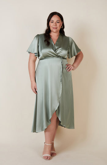 Florence Waterfall Dress in Sage Green Satin