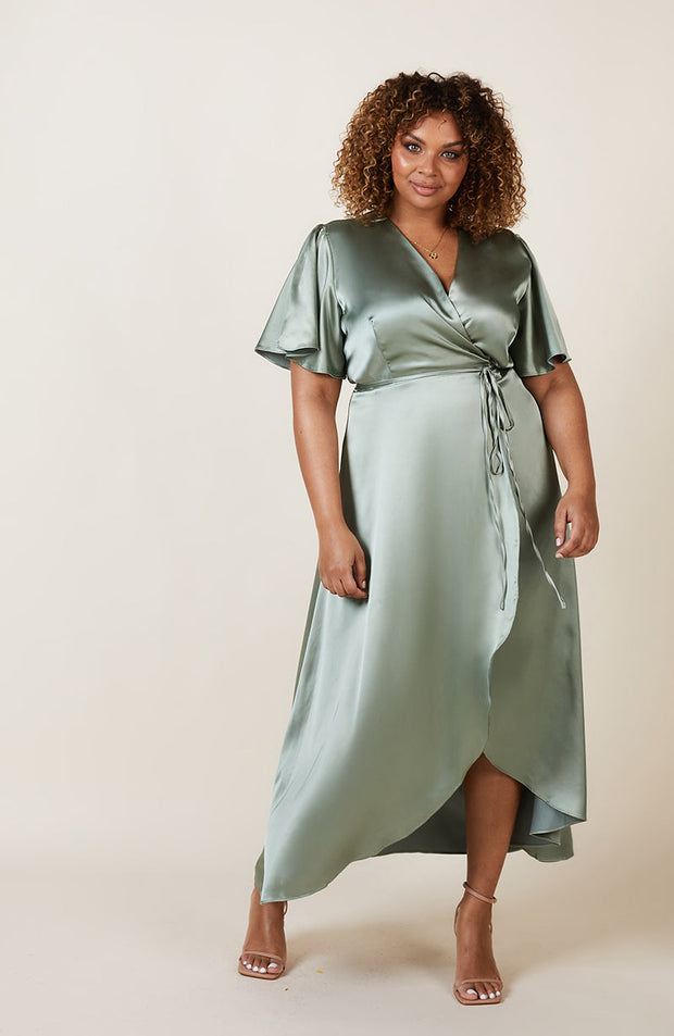 Florence Waterfall Dress in Sage Green Satin SAMPLE SALE