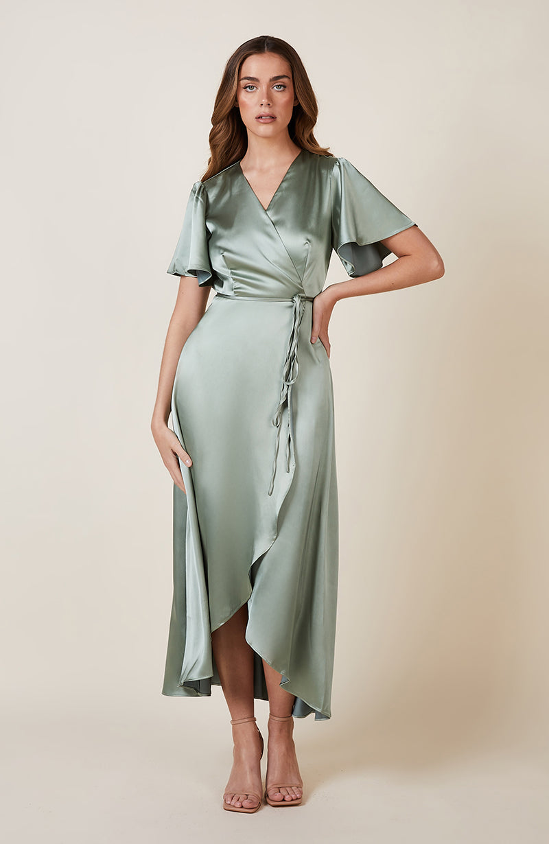 Florence Waterfall Bridesmaids Wrap Dress In Sage Green Satin ...