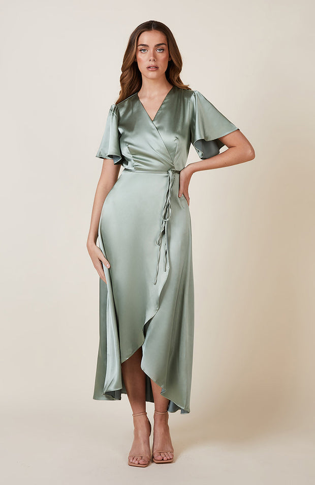 Florence Waterfall Dress in Sage Green Satin SAMPLE SALE