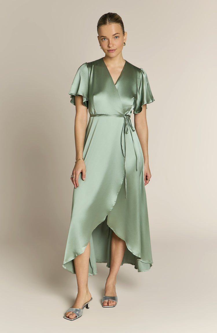 slim fit dress slacks Florence Wrap Bridesmaids Dress In Sage Green Satin – Rewritten