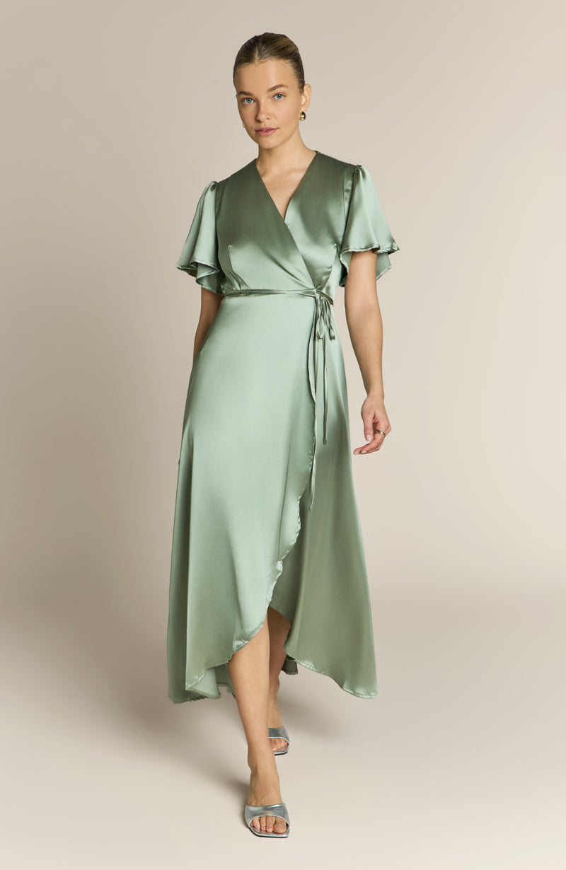 Florence Wrap Bridesmaids Dress In Sage Green Satin – Rewritten