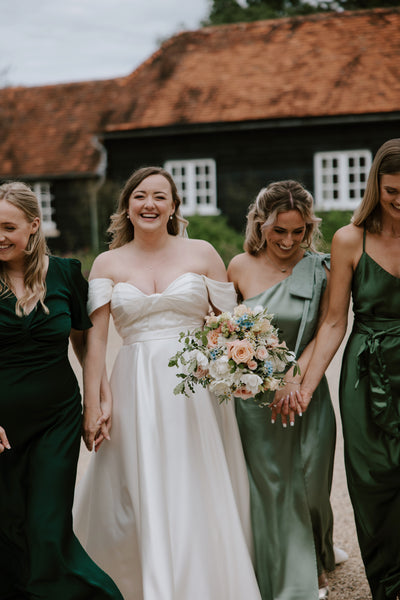 sage green satin one shoulder bridesmaids dress