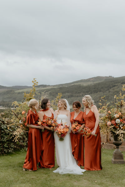 Mix and match burnt orange rust satin bridesmaids dresses