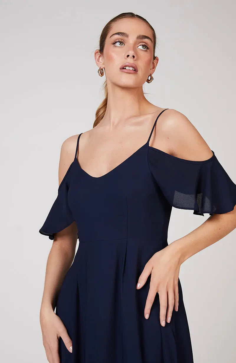 Mykonos Cold Shoulder Bridesmaids Dress In Ink Blue