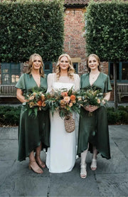 Florence Waterfall Wrap Dress in Olive Green Satin | Bridesmaid Dresses Rewritten Florence Waterfall Wrap Dress in Olive Green Satin | Bridesmaid Dresses Rewritten
