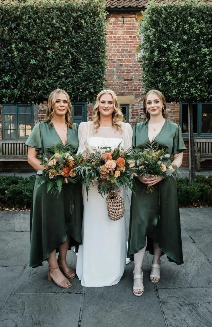 Florence Waterfall Dress in Olive Green Satin - Rewritten London Florence Waterfall Dress in Olive Green Satin - Rewritten London