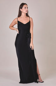 Black cowl neck bridesmaids occasion wear dress with detachable sash.