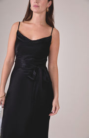 Black cowl neck bridesmaids occasion wear dress with detachable sash.