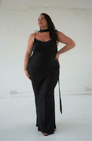 Black cowl neck bridesmaids occasion wear dress with detachable sash.