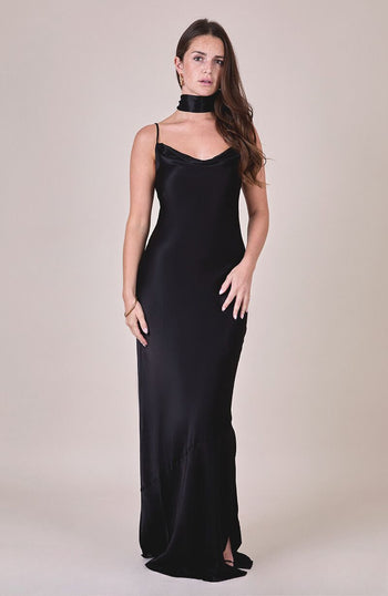 Black cowl neck bridesmaids occasion wear dress with detachable sash.