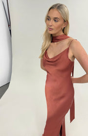 Woman wearing a rust-colored dress against a white background