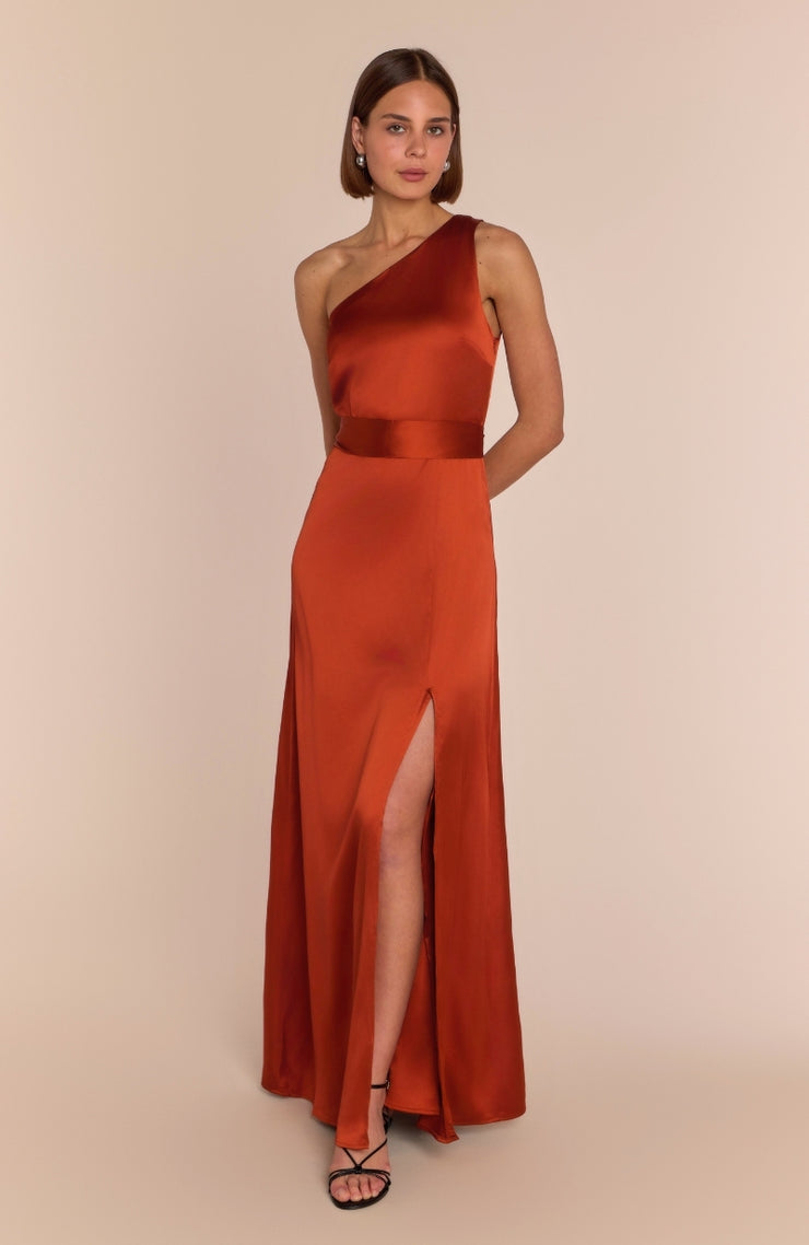 one shoulder burnt orange dress Women's Satin Drape Bodycon Crafted from stretch velvet covered in shimmering sequins Rust Orange Velvet One-Shoulder Maxi