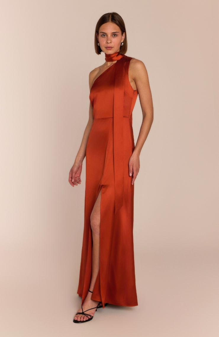 one shoulder rust dress Rust Bridesmaid Dress Shiny Satin Size 0X