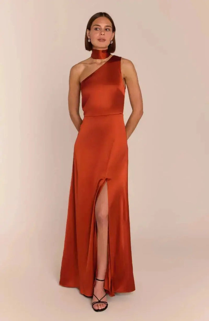 Porto One Shoulder Bridesmaids Dress in Burnt Orange Satin