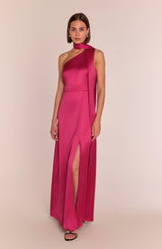 Woman wearing a hot pink satin long gown