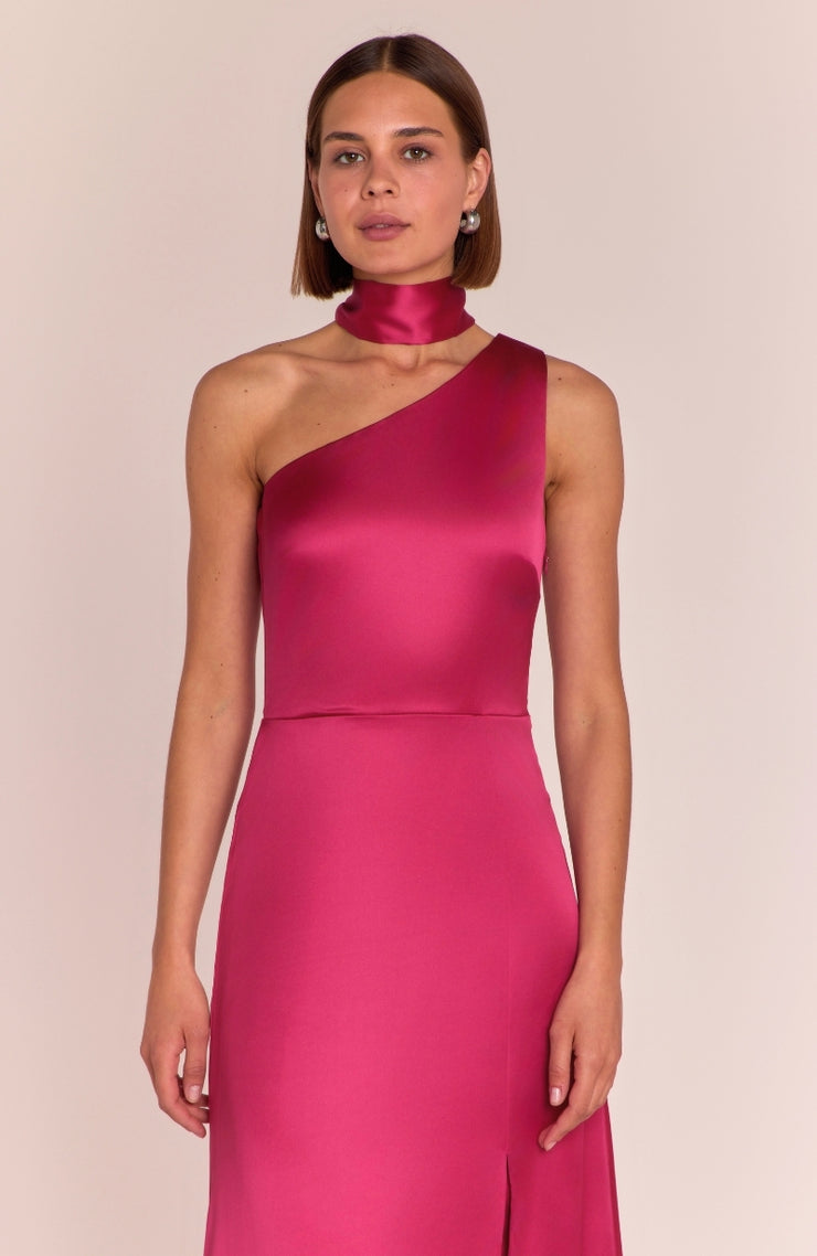 Satin one shoulder bridesmaids dress in hot pink with a detachable bow. A beautiful rich fuchsia magenta pink this dress is a modern and stylish option for all occasions.