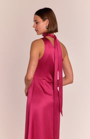 Satin one shoulder bridesmaids dress in hot pink with a detachable bow. A beautiful rich fuchsia magenta pink this dress is a modern and stylish option for all occasions.