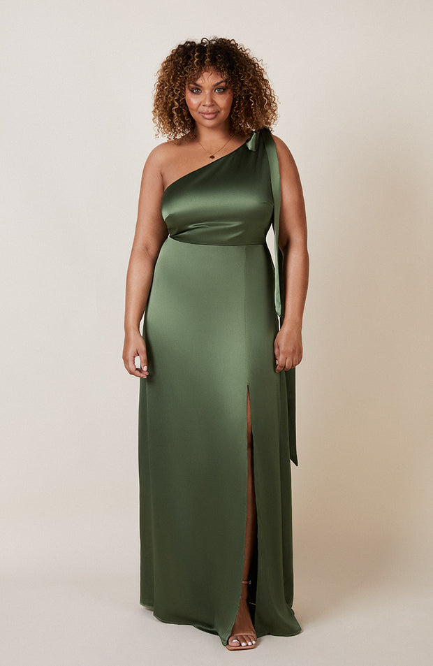 Satin one shoulder bridesmaids dress in olive green with a detachable bow. A beautiful rich moss, olive, eucalyptus  this dress is a modern and stylish option for all occasions.