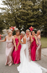 hot pink and rose baby pink satin slip bridesmaids dresses