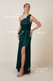 Satin one shoulder bridesmaids dress in forest green with a detachable bow. A beautiful rich forest dark bottle green this dress is a modern and stylish option for all occasions.