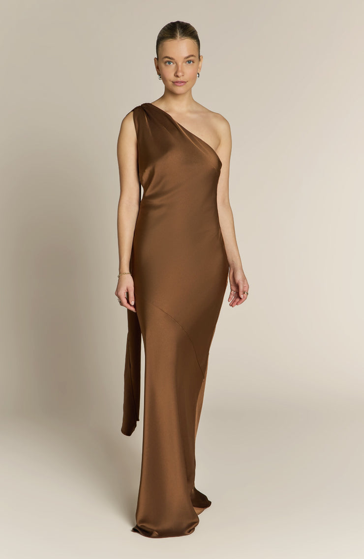 Raye One Shoulder Dress in Chocolate Brown