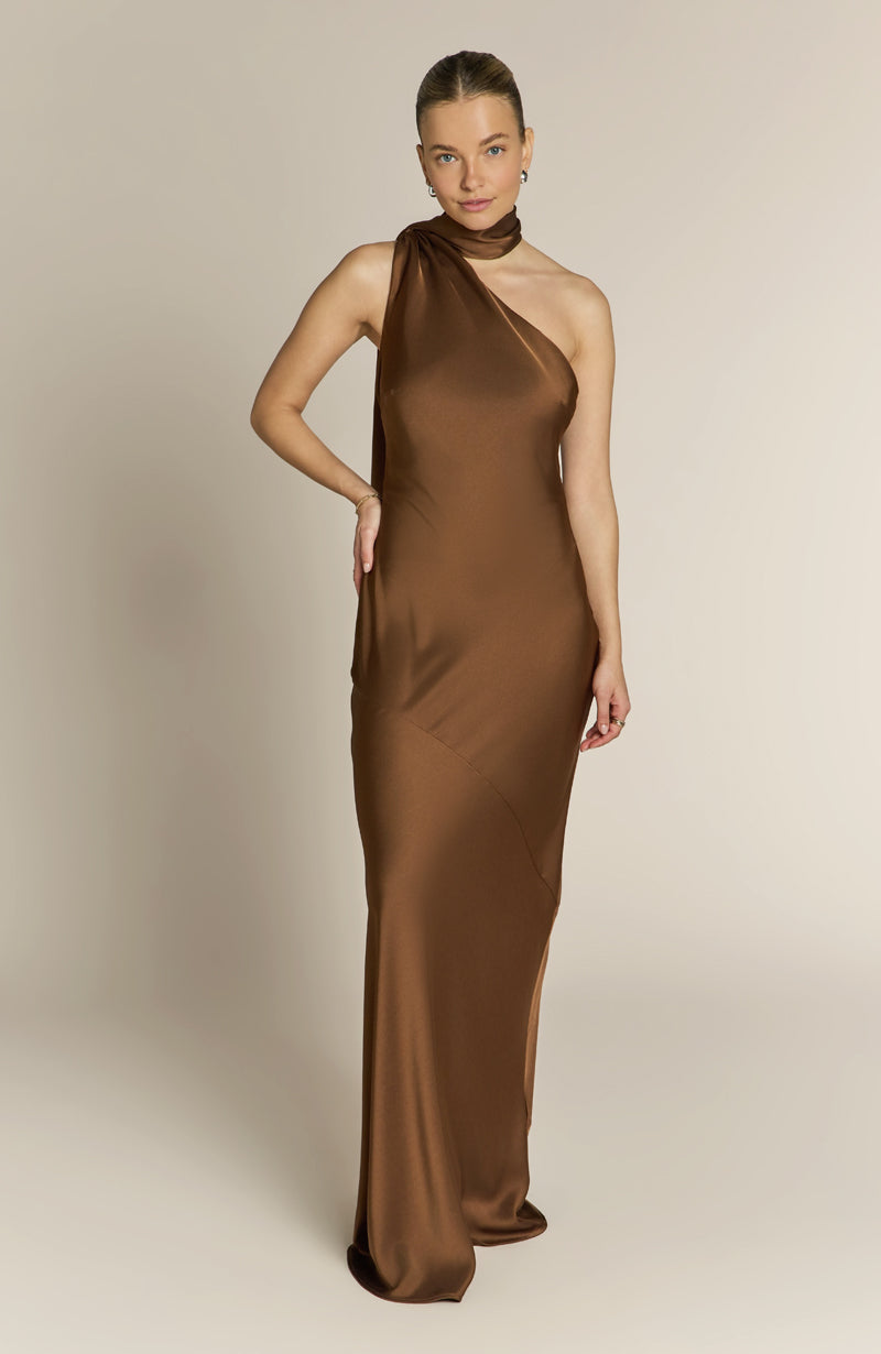 Raye One Shoulder Dress in Chocolate Brown