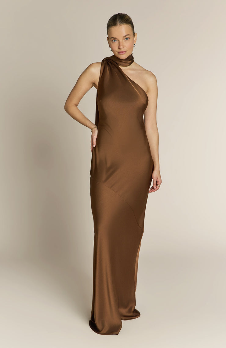 Raye One Shoulder Dress in Chocolate Brown