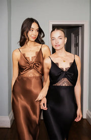 Remi Lace Panel Satin Dress in Chocolate Brown Rewritten