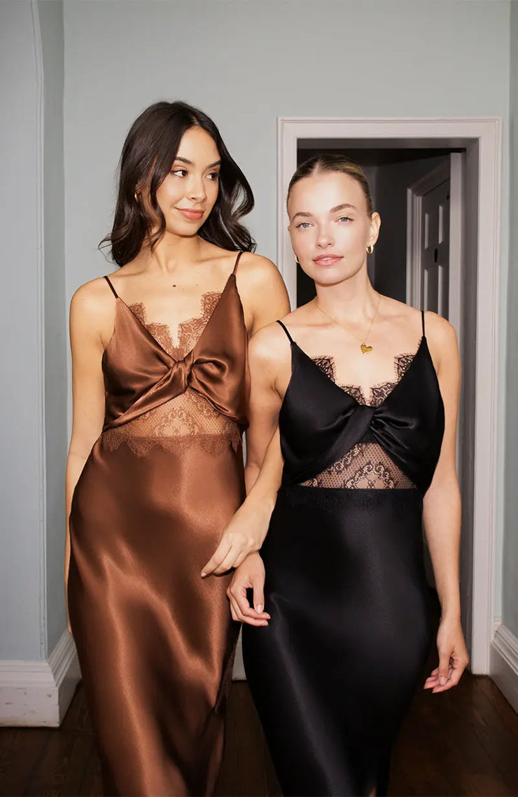 Remi Lace Panel Satin Dress in Chocolate Brown Rewritten