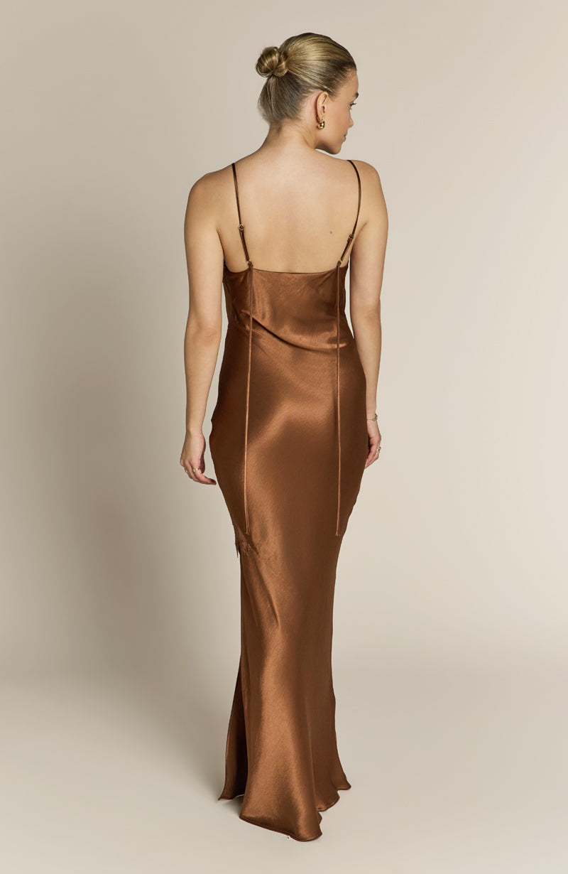 Remi Lace Panel Satin Dress in Chocolate Brown - Rewritten London Remi Lace Panel Satin Dress in Chocolate Brown - Rewritten London