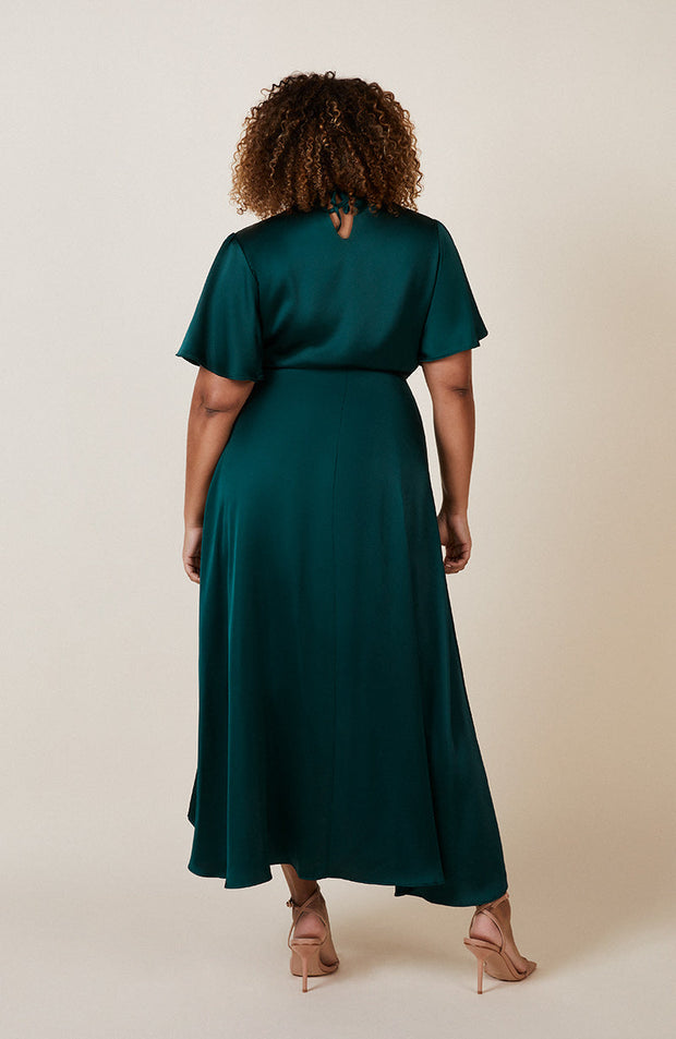 Florence Waterfall Dress in Forest Green Satin SAMPLE SALE