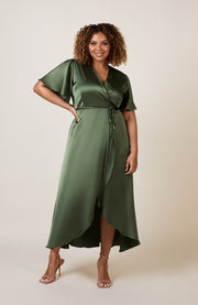Florence Waterfall Dress in Olive Green Satin