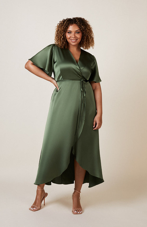 Florence Waterfall Dress in Olive Green Satin SAMPLE SALE