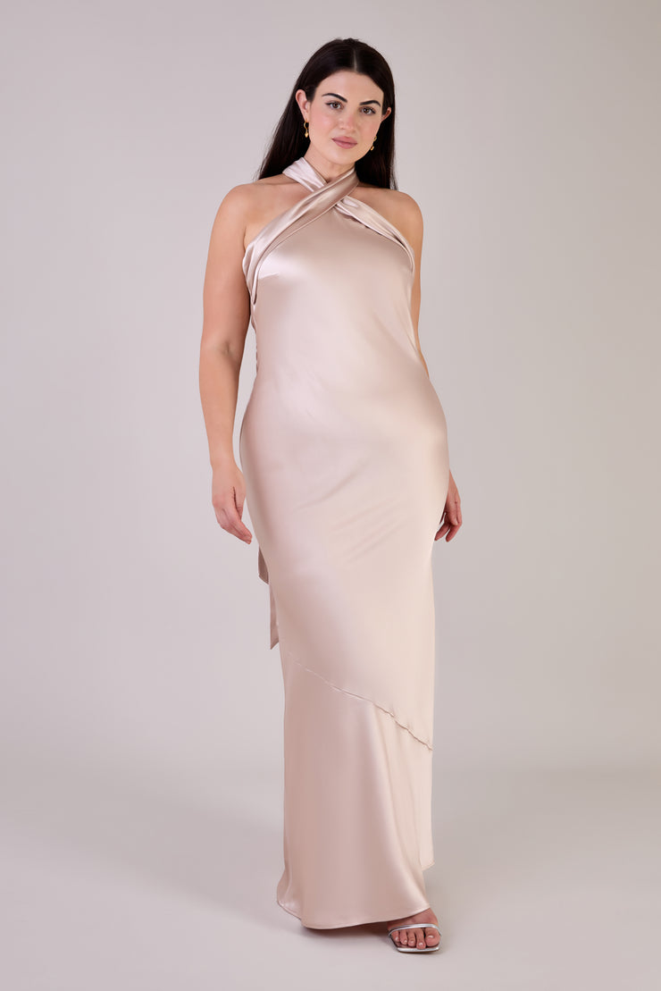 roma dress in olive green satin reviews Roma Dress in Champagne Satin — Halterneck Maxi Bridesmaid Dress