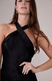 Black satin halterneck dress for bridesmaids and occasion wear.