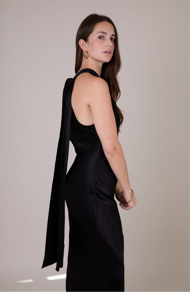 Black satin halterneck dress for bridesmaids and occasion wear.