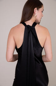 Black satin halterneck dress for bridesmaids and occasion wear.