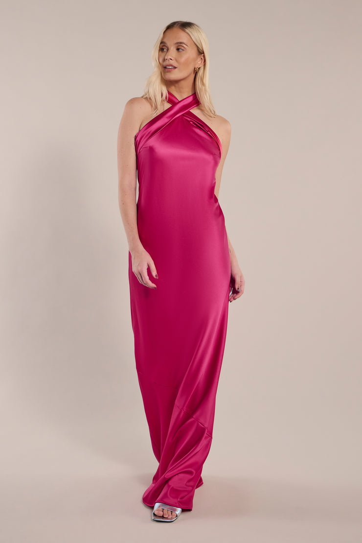 Roma Dress in Hot Pink Satin